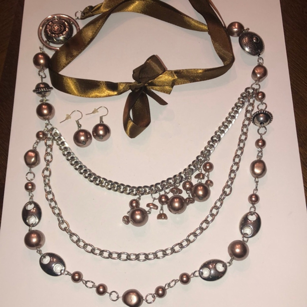Silver Tone Brown Bronze Faux Pearls Chunky Beaded Statement Necklace Earrings
